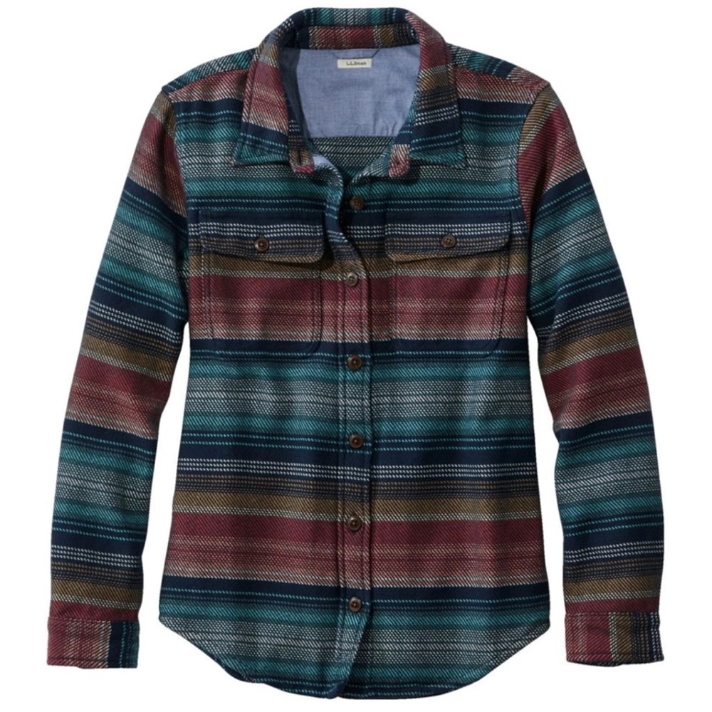 LL Bean Womens 1912 Overshirt Flannel Thick Pockets Striped Petite Size P